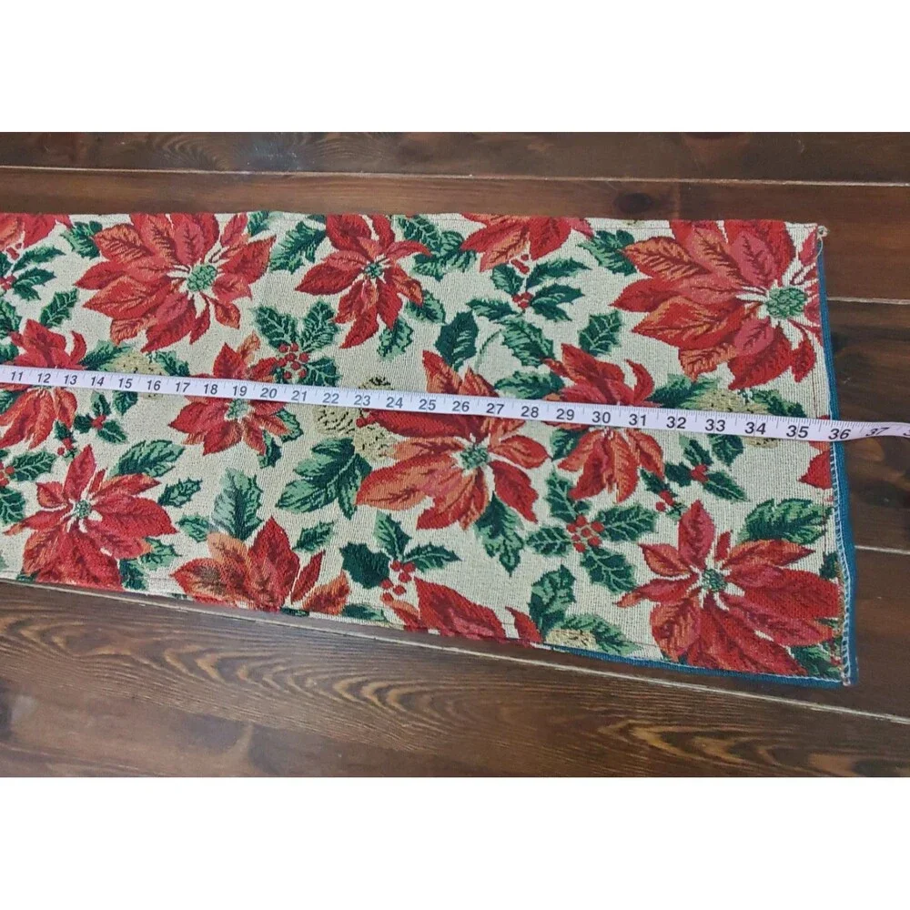 Table Runner Red Green Cream Gold Poinsettias Tapestry 70x12